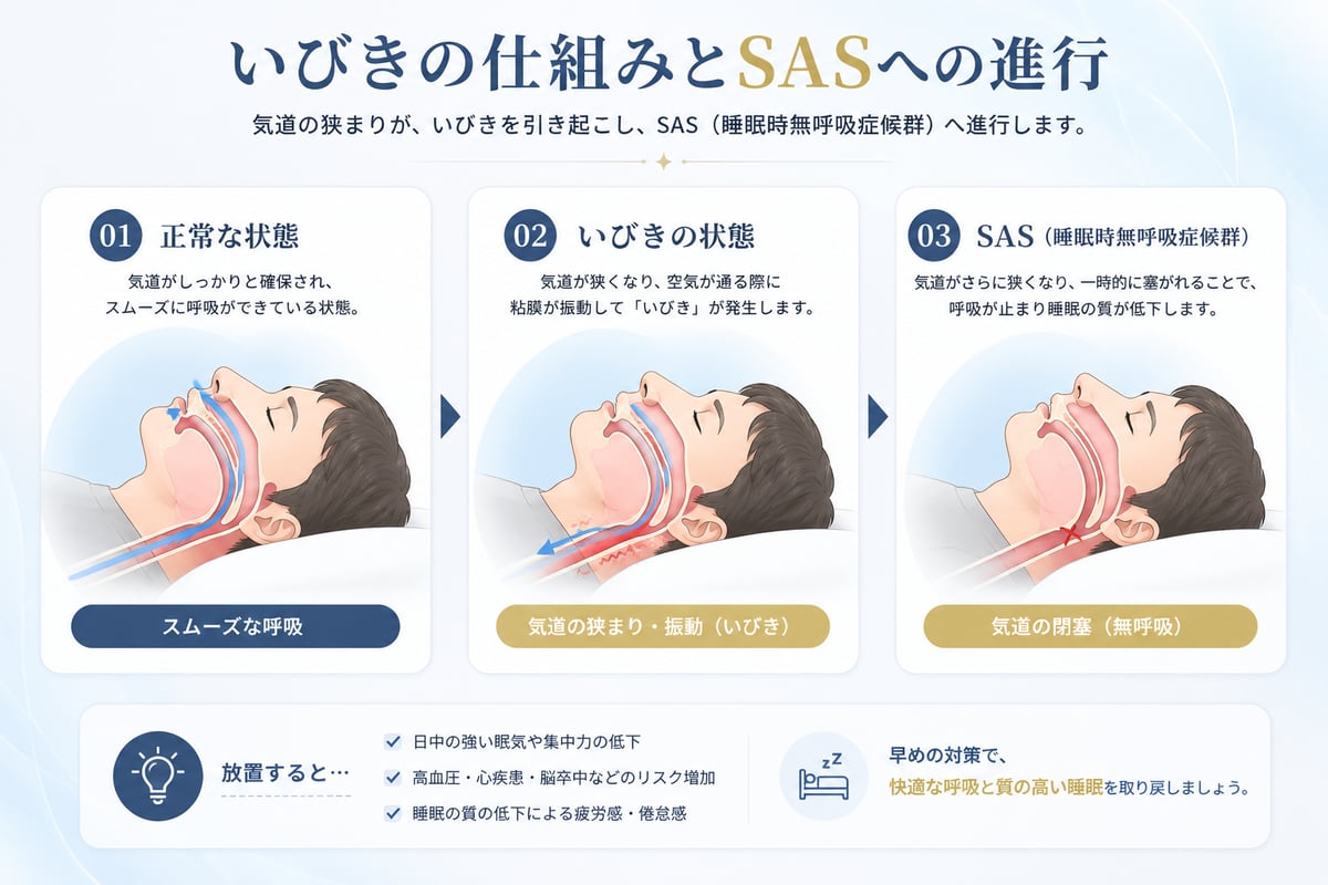 いびきの仕組みの図解。睡眠中に気道が狭くなり閉塞すること、放置による睡眠時無呼吸症候群（SAS）への進行を示す。